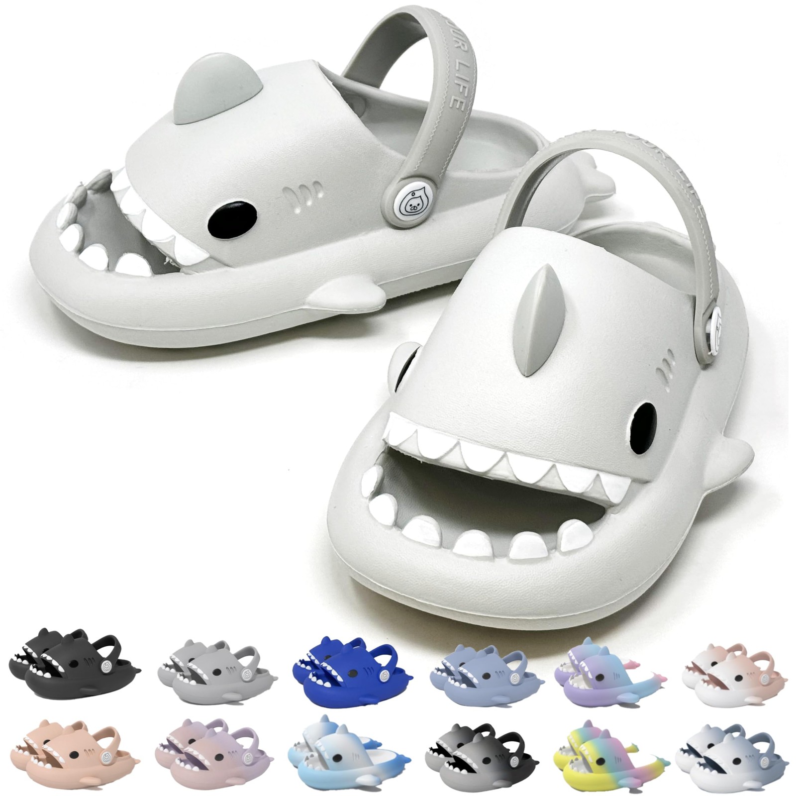 Allgala Shark Slides Slippers with Backstrap, Non-Slip Cartoon Sandals, Gray