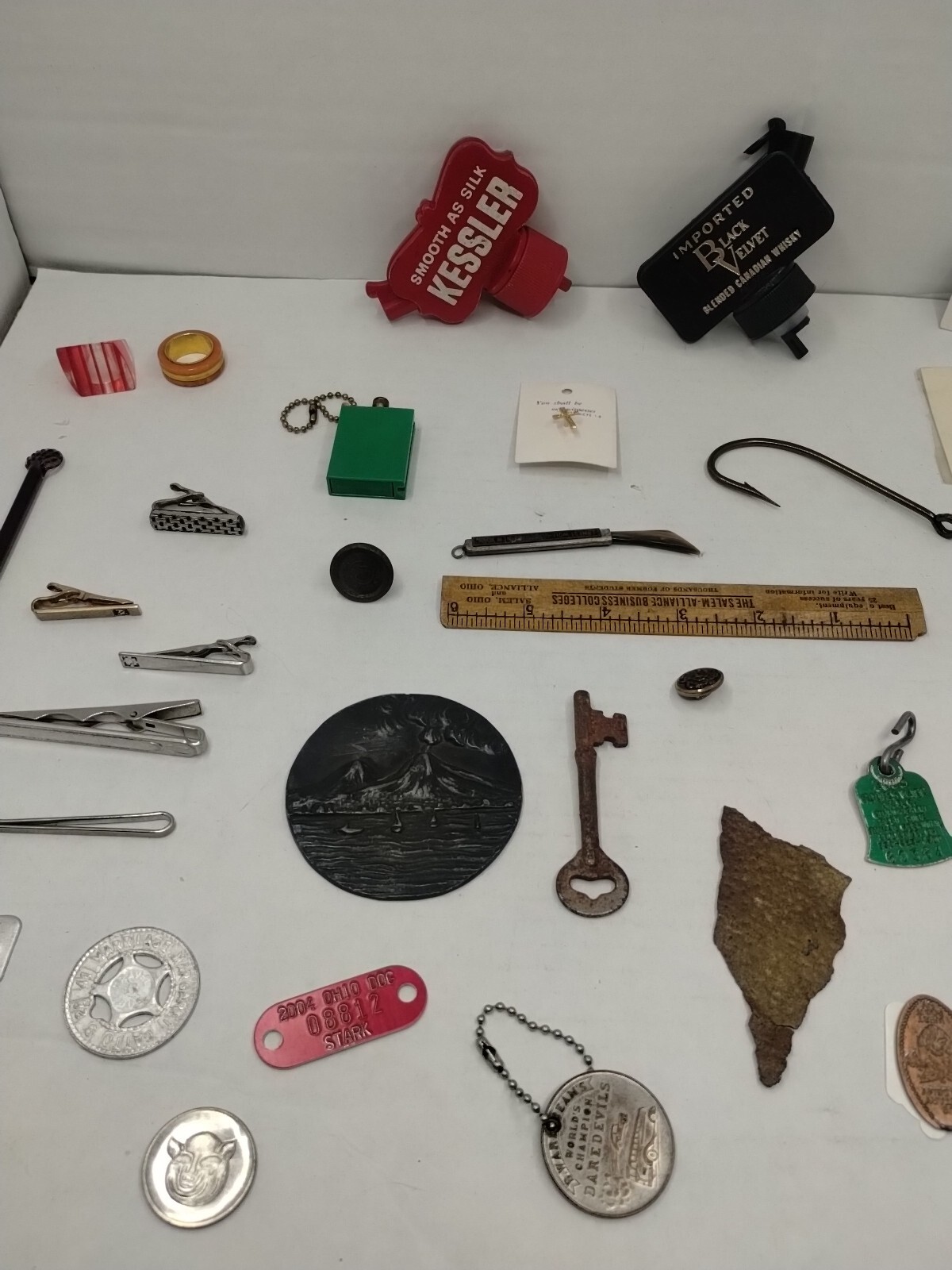 Vintage Junk Drawer Lot Advertising Rings Tokens Key Dog License Tie Clip #11