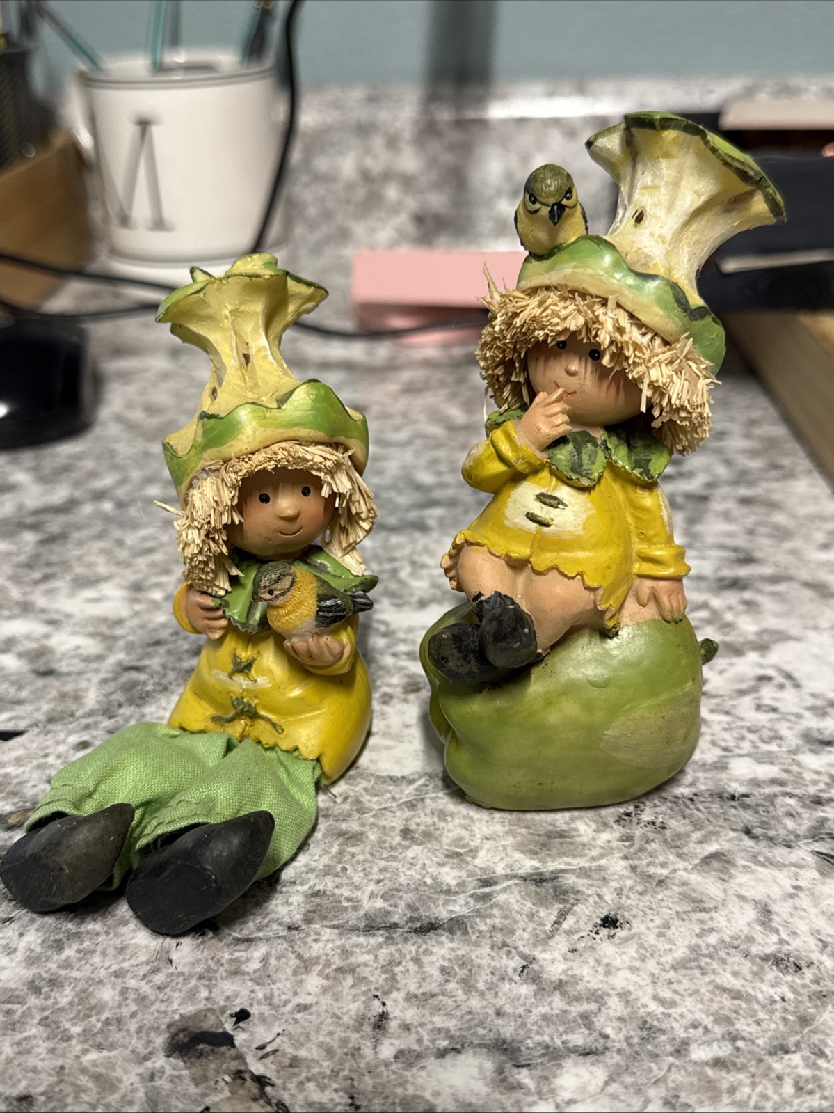 Vintage SET Resin Elf Figurine w/ Bird on Green Apple, Whimsical Decor (4.75″)