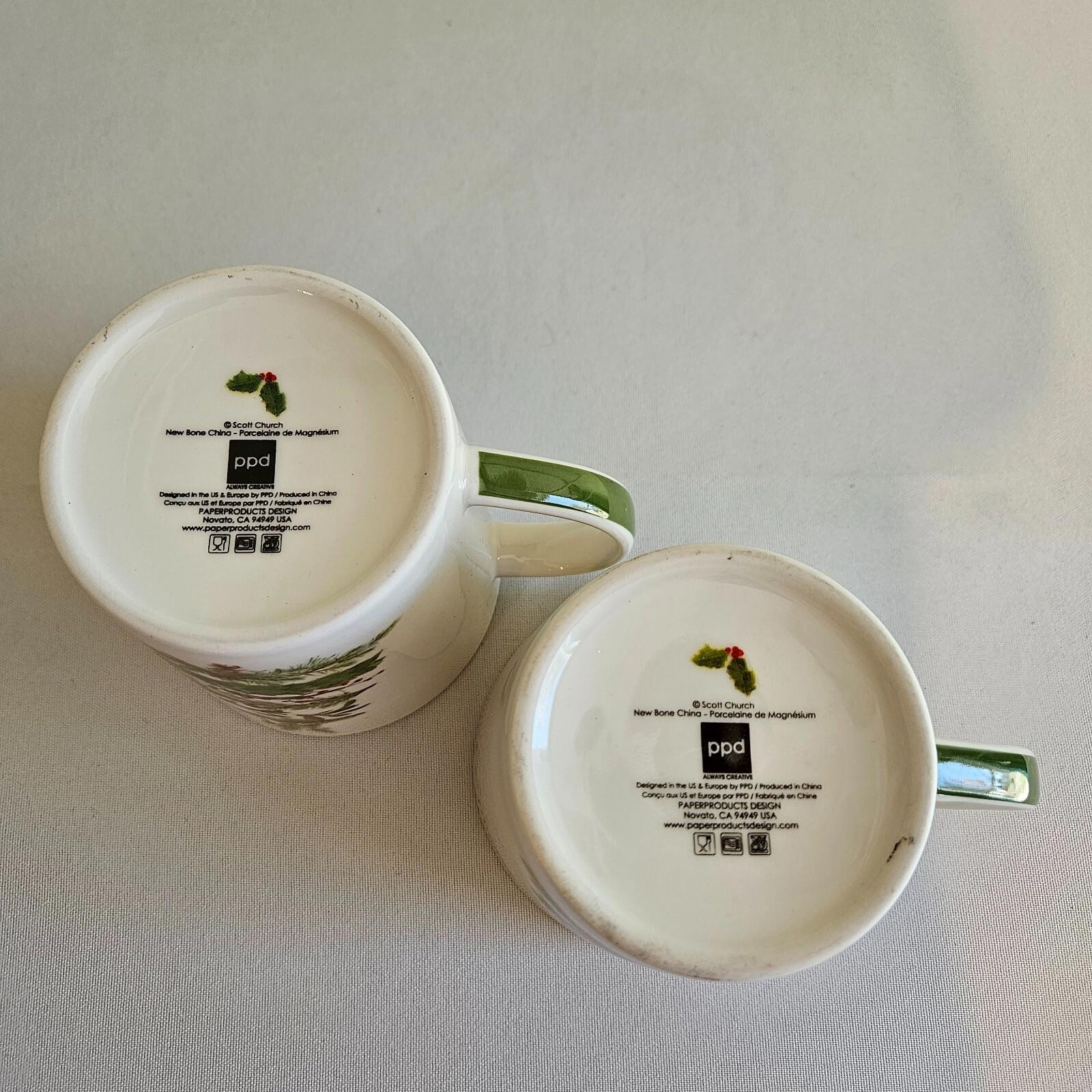 Set of 2 Christmas Mugs Tree Peace Scott Church Bone China Holidays Wreath Bird