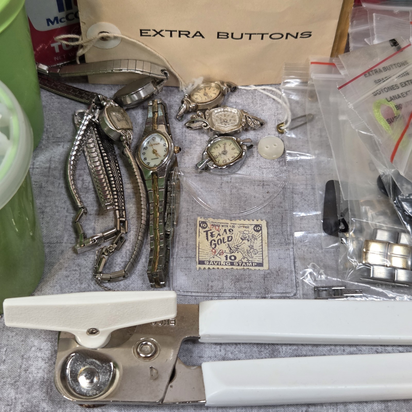 Estate Junk Drawer Lot 3lbs Vintage McCormick Spices Tupperware Sewing Notions