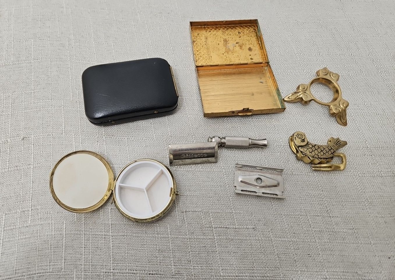 Junk Drawer Vintage Items Grandpa’s Junk Gillette Razor Travel Set Buckle Pill