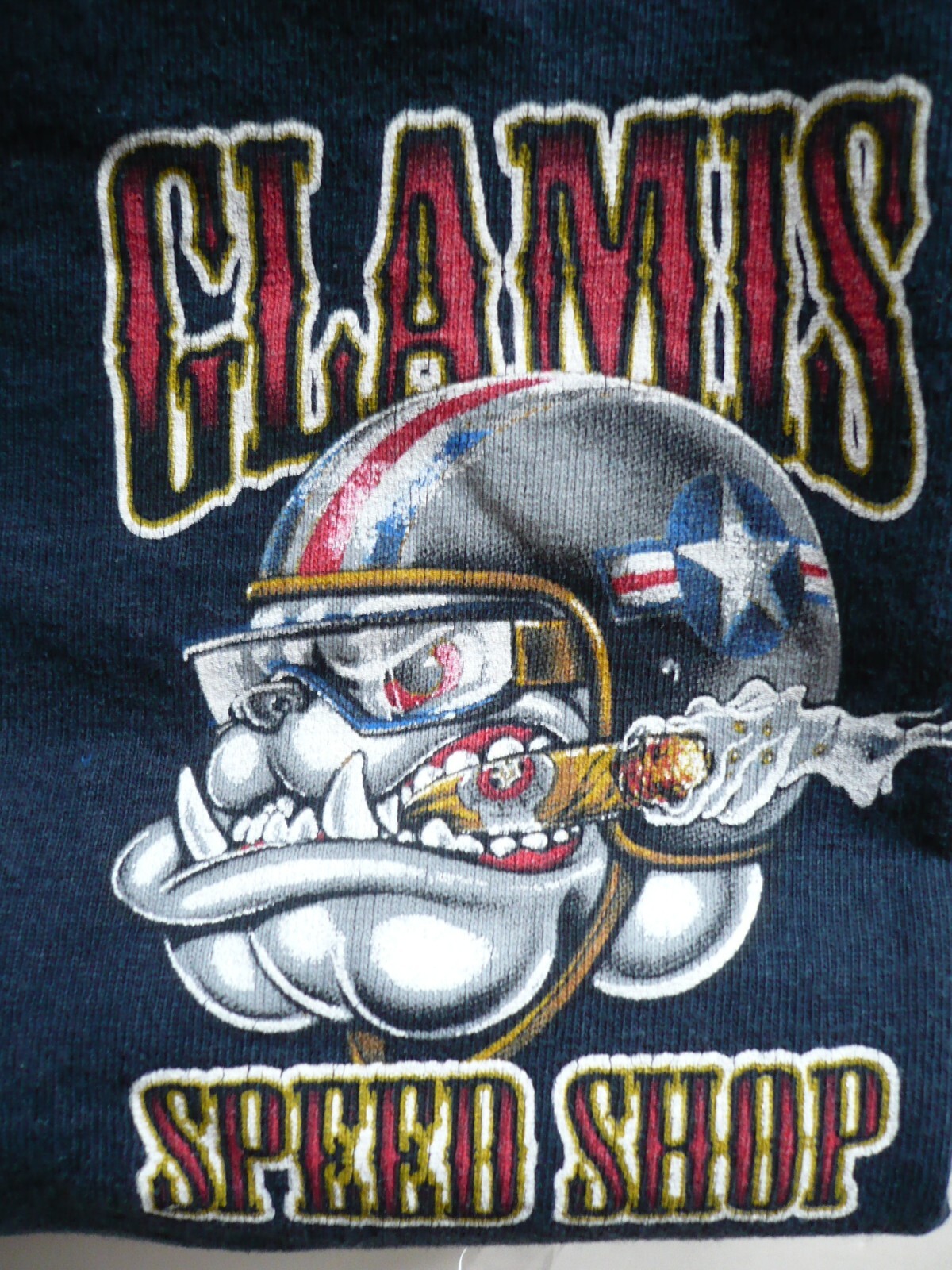 GLAMIS SPEED SHOP Bulldog Design T-Shirt Adult Large (L) Short Sleeve NAVY BLUE