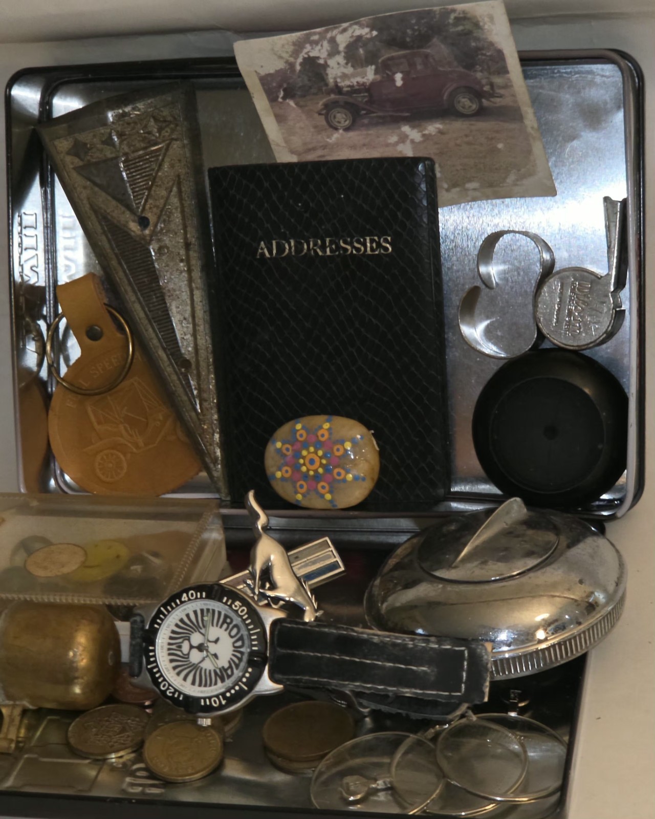 Vintage Junk Drawer Lot Estate CollectiblesWWII Tin Pince Nez Glasses Watch Coin
