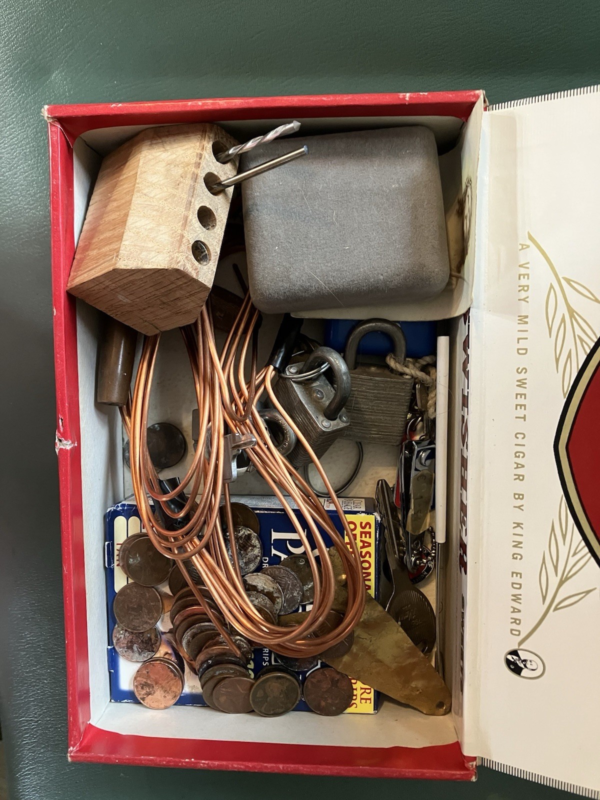 Cigar Box Vtg Junk Drawer Lot Locks Keys, Tokens, Pennies , Stamps, Lot 3