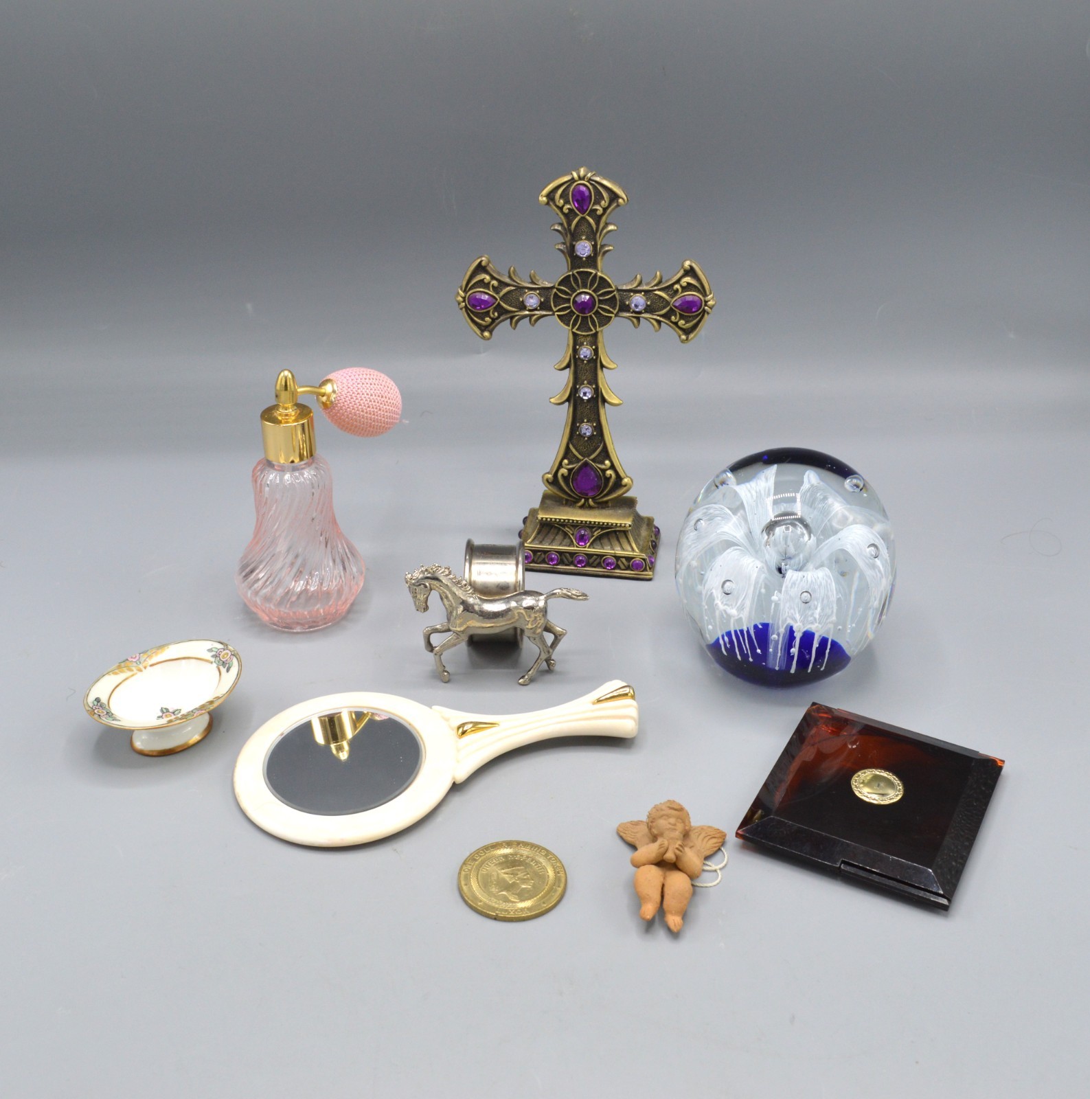 Mixed Lot/Junk Drawer Lot Paperweight Vintage Napkin Ring Compact Cross Mirrors