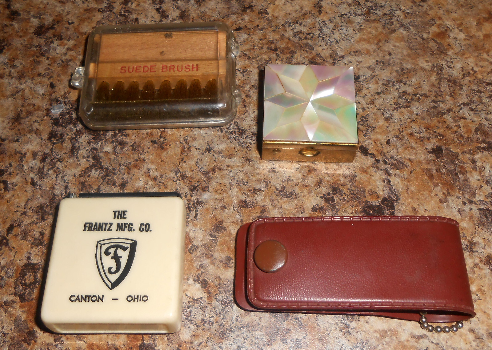 Junk Drawer Lot STANLEY TAPE SUEDE BRUSH NAIL/KNIFE SILVER MEDALLION & BOX