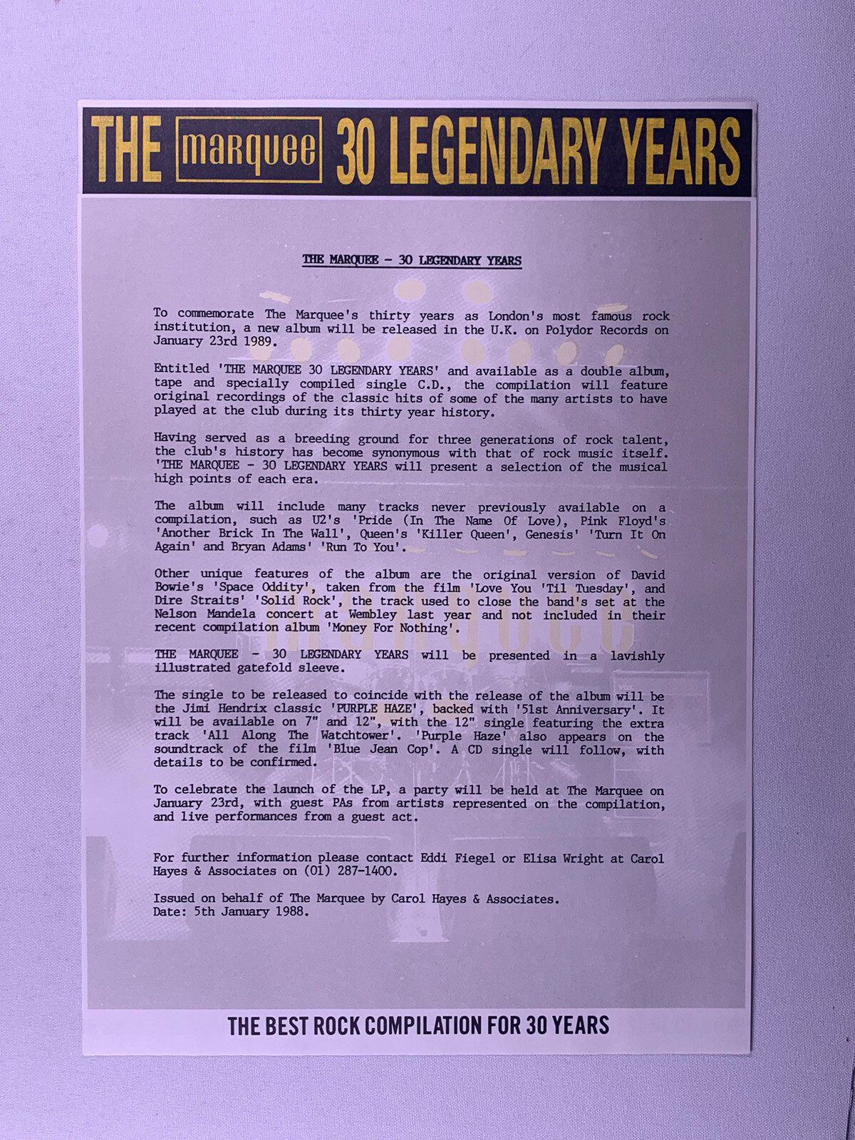 Hendrix Queen Floyd Bowie Press Pack Marquee 30 Legendary Years Circa. 1989