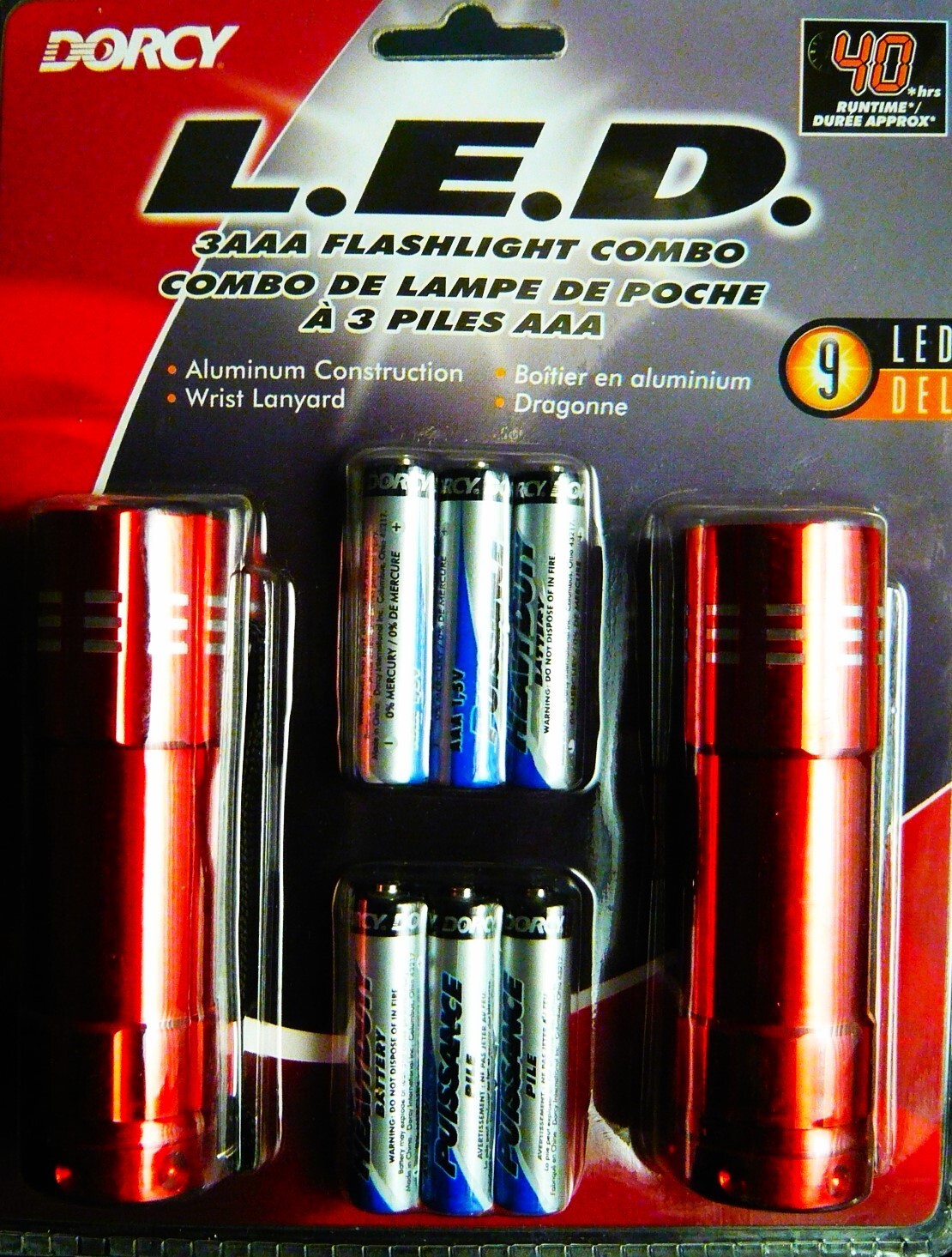 Dorcy 41-3245 “9” LED Flashlight Set with wrist lanyard, 2 pack, Aluminum RED.