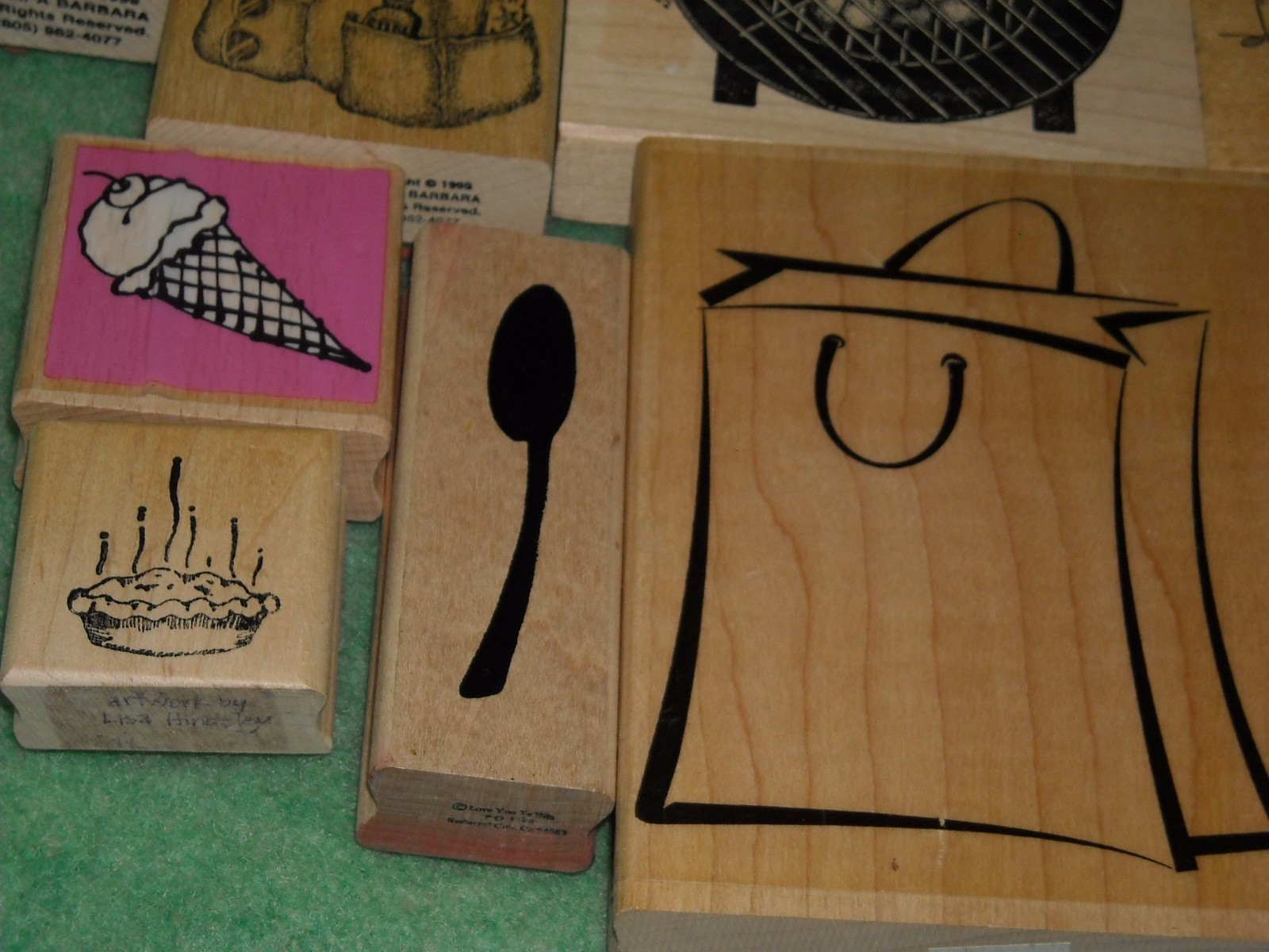 9 stamps lot collection mostly 5″ & smaller summer grill apron bag ice cream