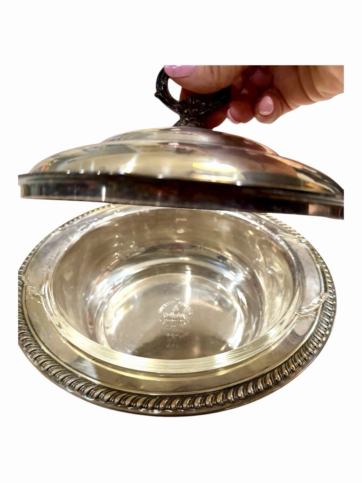 Vintage Silver Plate Serving Dish w/Lid and Glass Insert, Fire King 1 1/2 Quart