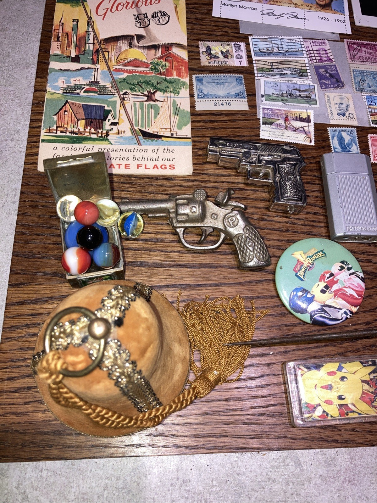 Junk Drawer Lot Trinkets Stamps Brass Coca Cola Marbles Cap Gun Collectibles #1