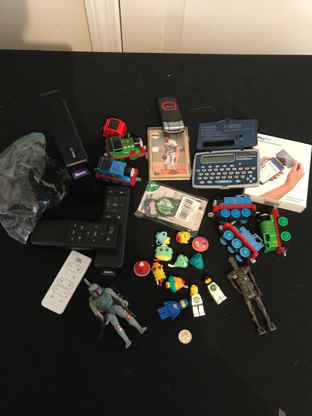 Junk Drawer Lot Thomas the Train, Roku, lego, shopkins, remotes, silver dime ETC