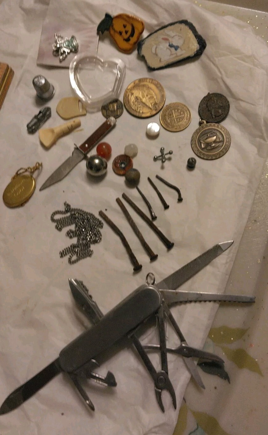 Vintage Junk Draw Mix Square Nails ,Knives,Tokens And More
