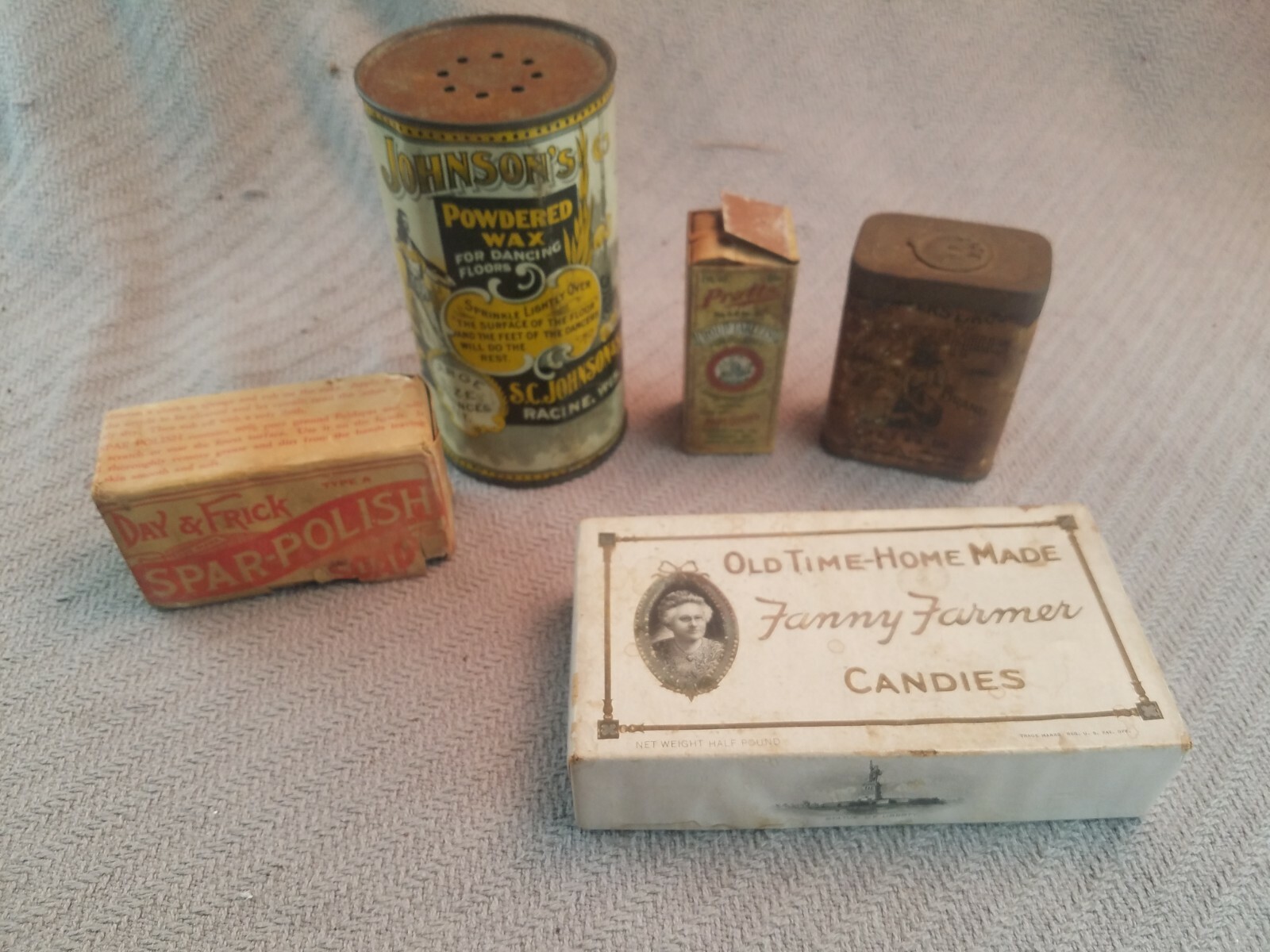 Lot of 5 Antique/Vintage tins and boxes Dance floor wax Candies Mace soap