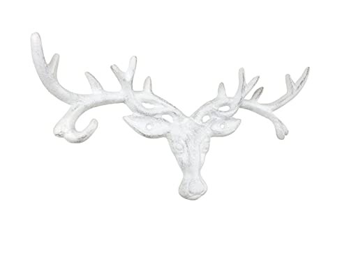 Whitewashed Cast Iron Deer Head Antler Wall Hooks 13″ Nautical Decor