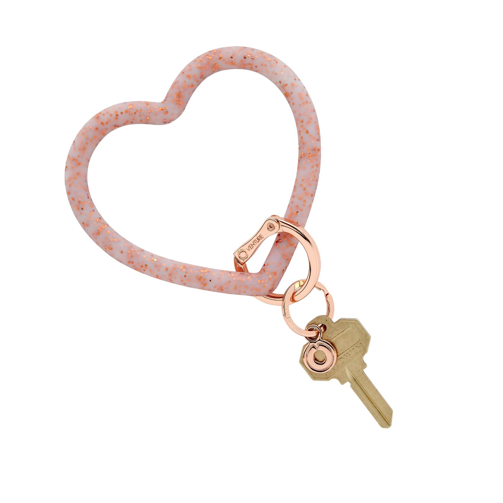 Oventure Silicone Heart Keychain Wristlet, Rose Gold Glitter, Cute Key Ring