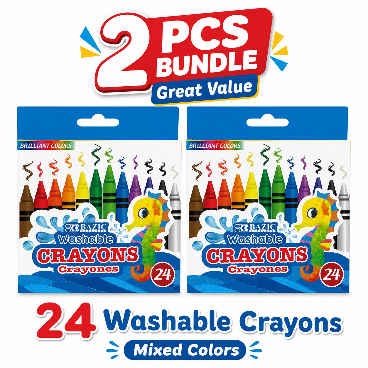 [Pack of 2] Bazic Washable Crayons 24 Count Brilliant Assorted Colors Non-Toxic