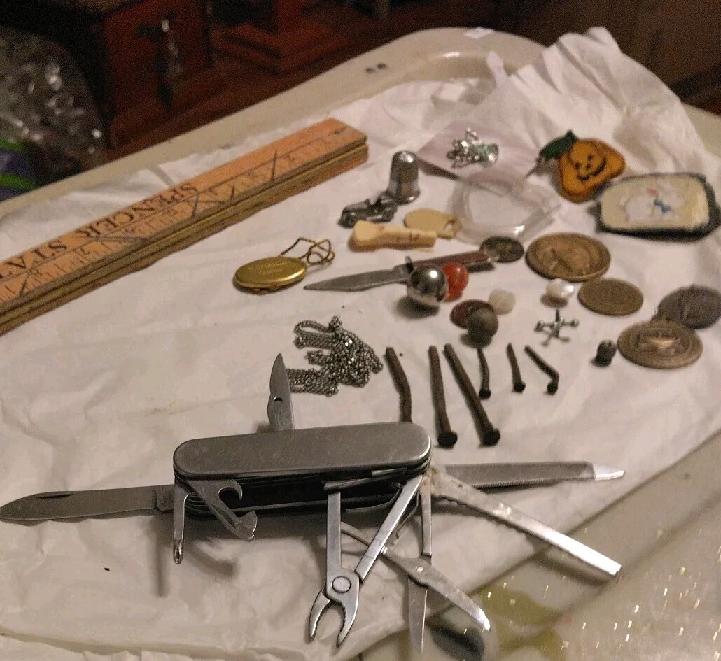 Vintage Junk Draw Mix Square Nails ,Knives,Tokens And More