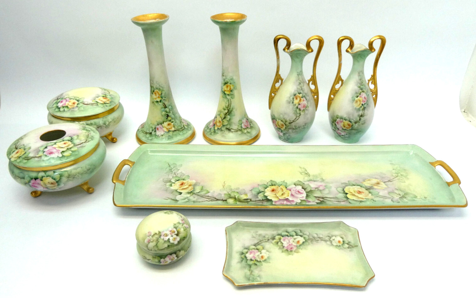 Ceramic Green Gold Apple Blossom Floral Pattern Tray Bud Vases Candle Holders