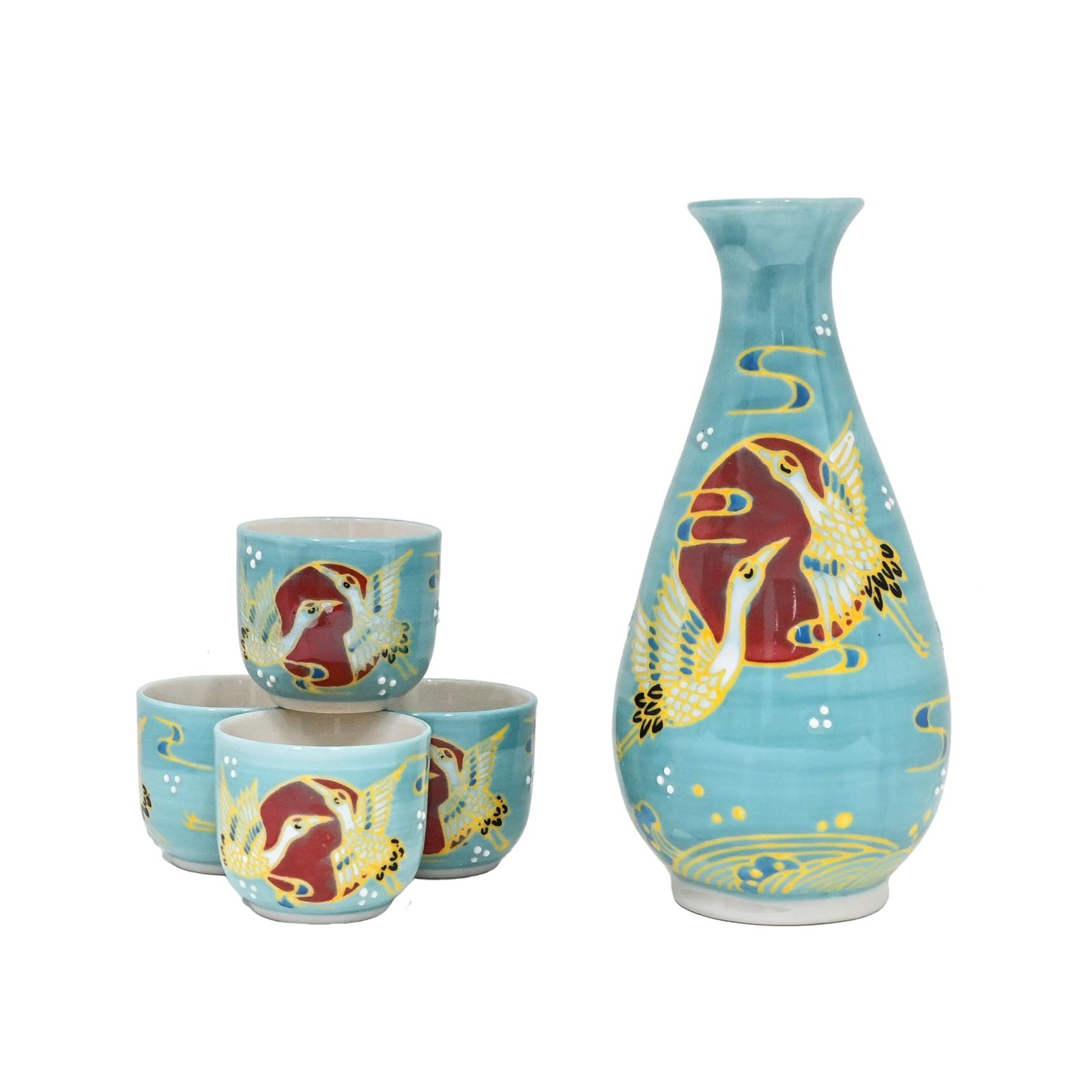 Japanese Crane & Moon Porcelain Sake Set, Turquoise Blue, 10 oz with 4 Cups