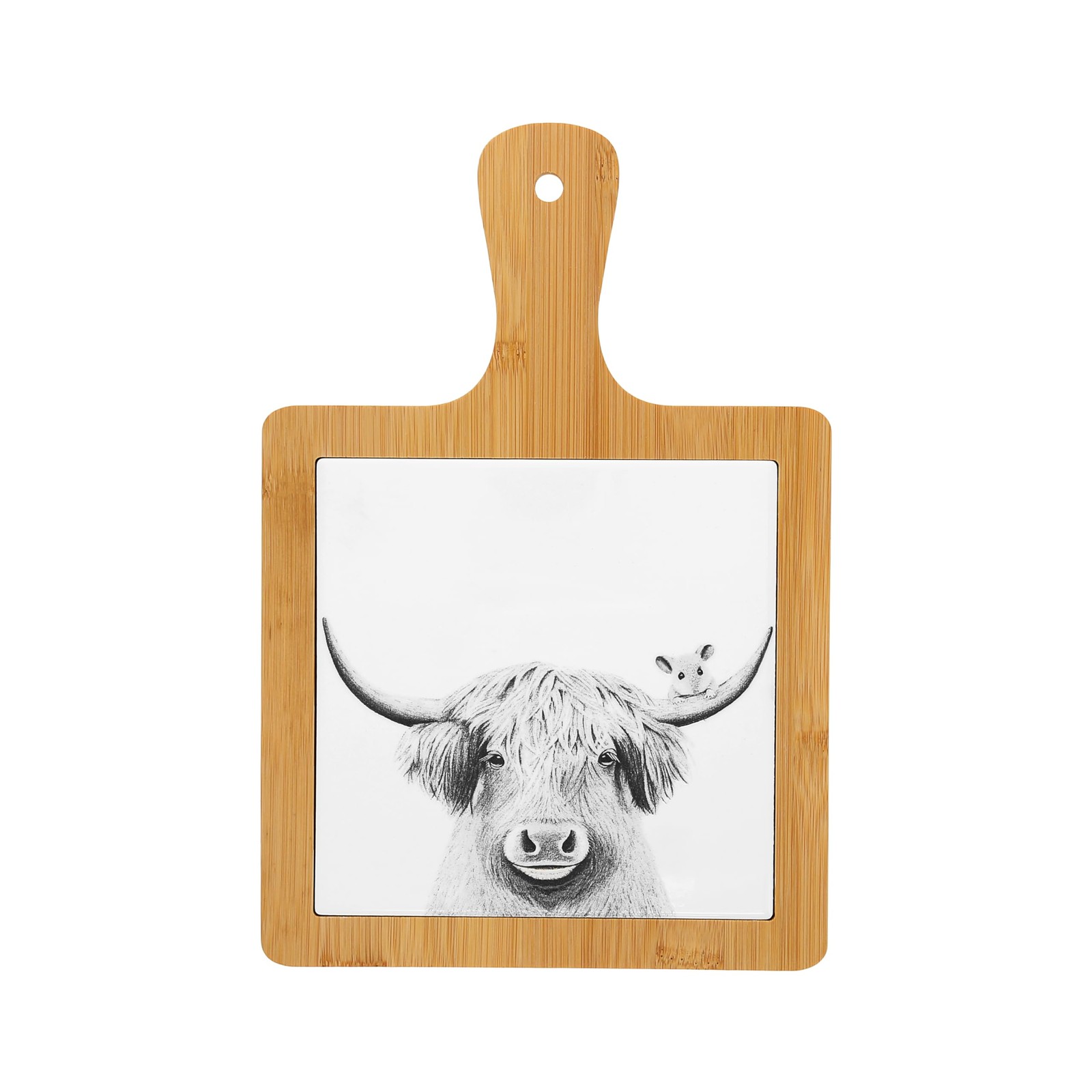 Pavilion Gift Highland Cow Bamboo Ceramic Trivet, 7.5×11″Farmhouse Kitchen Decor