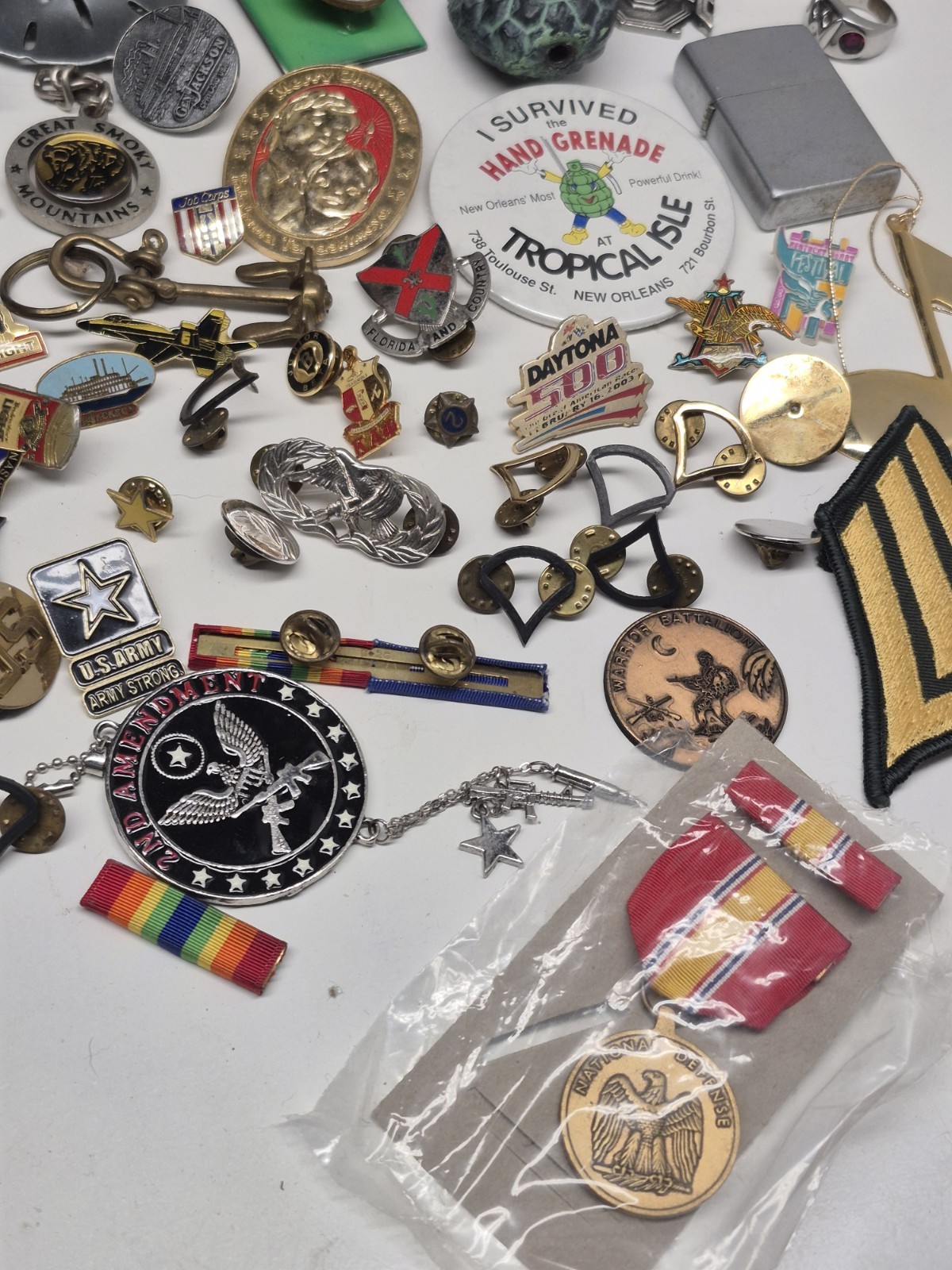Mans Junk Drawer Trinket Lot Pins Patches Keychains Military