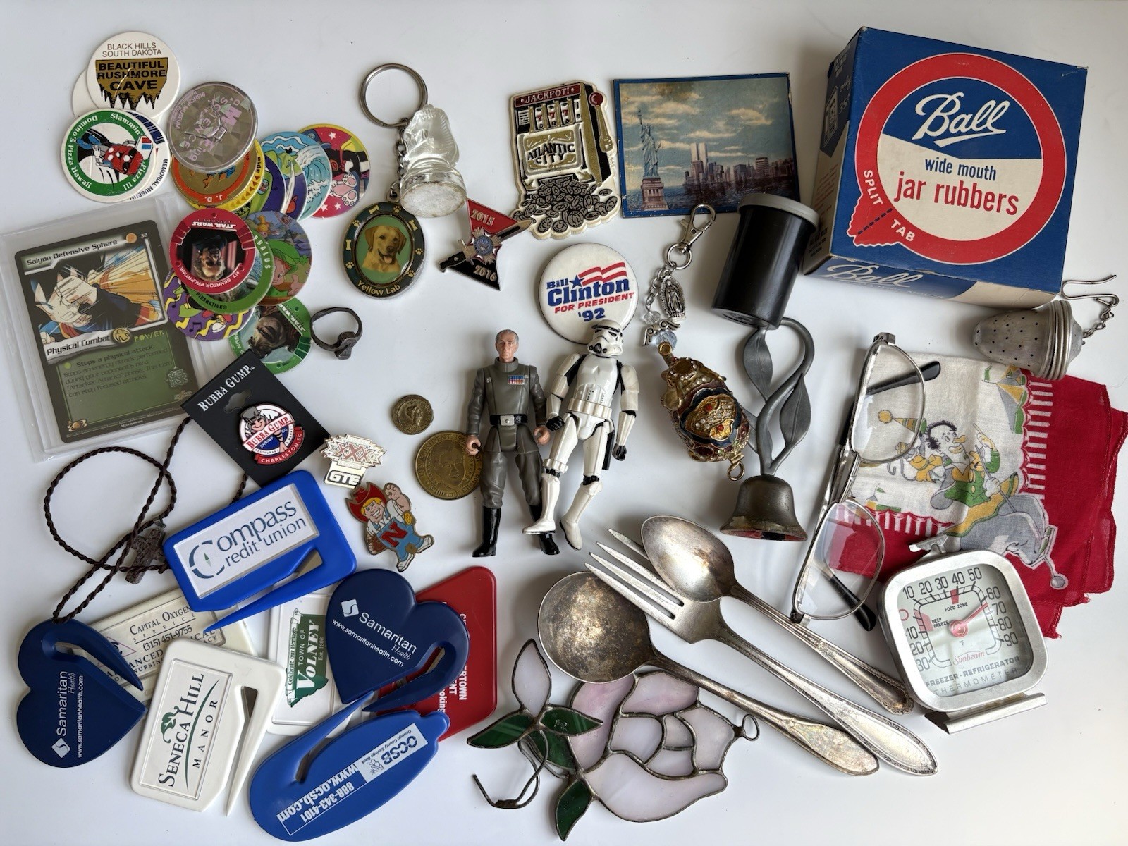 Vintage Junk Drawer Lot – Pins, Toys, Silverware, Film, Glasses, Etc