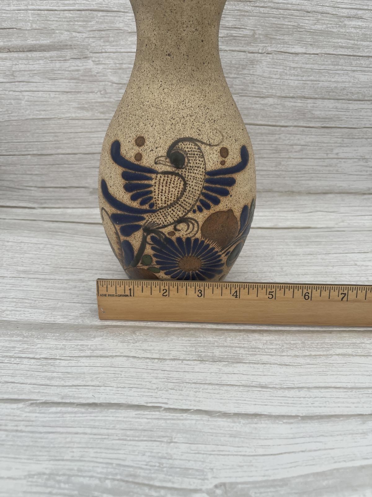 VTG Tonala Mexico Signed Pottery Pitcher Bird Flowers Blue Hand Painted Vase