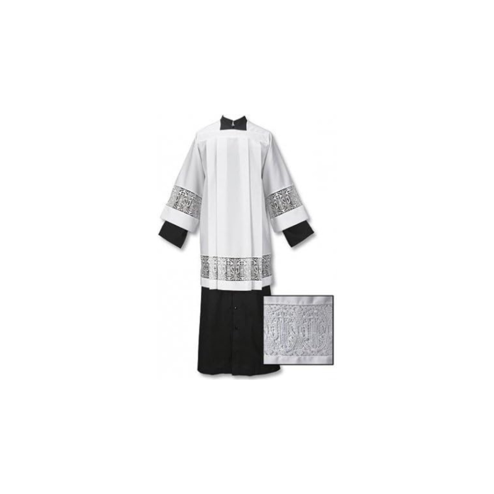 Box Pleated Lace Surplice Black, White Polyester
