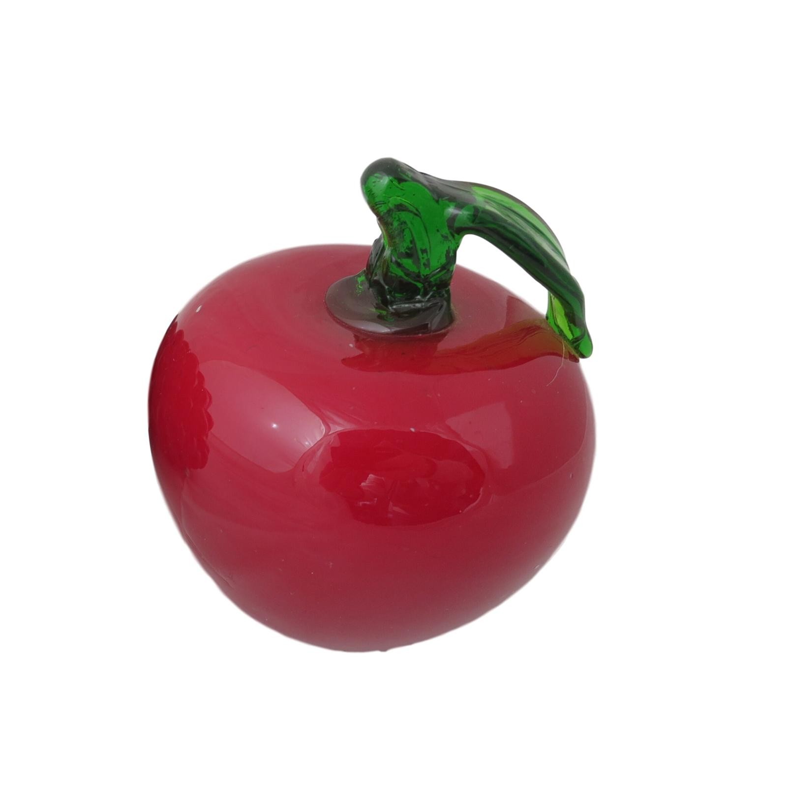 Vintage Hand Made Blown Glass Red Apple Green Stem