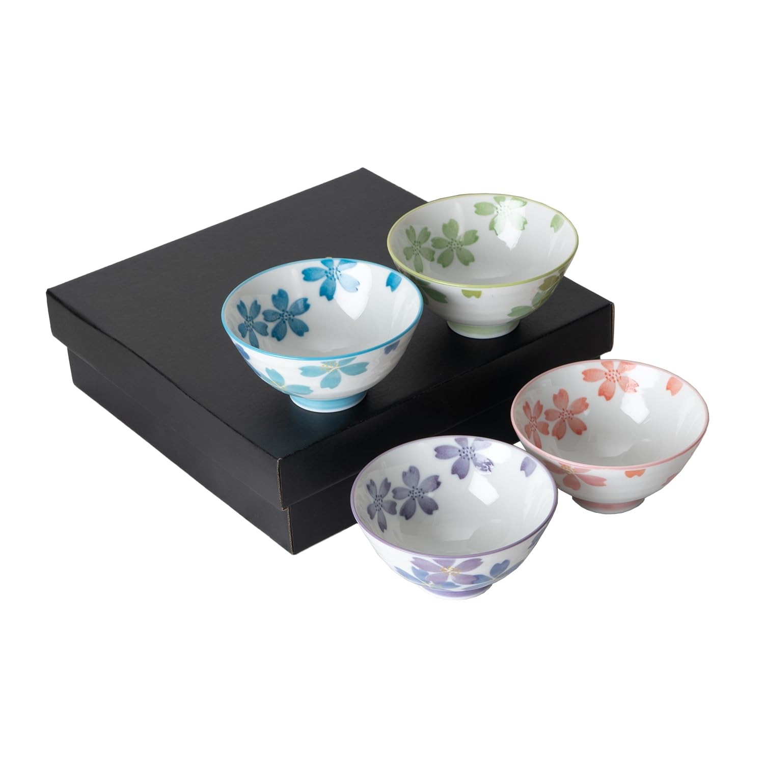 Urban Tokyo 4-Piece Japanese Rice Bowl Set – 4.5″ Porcelain Cherry Blossoms