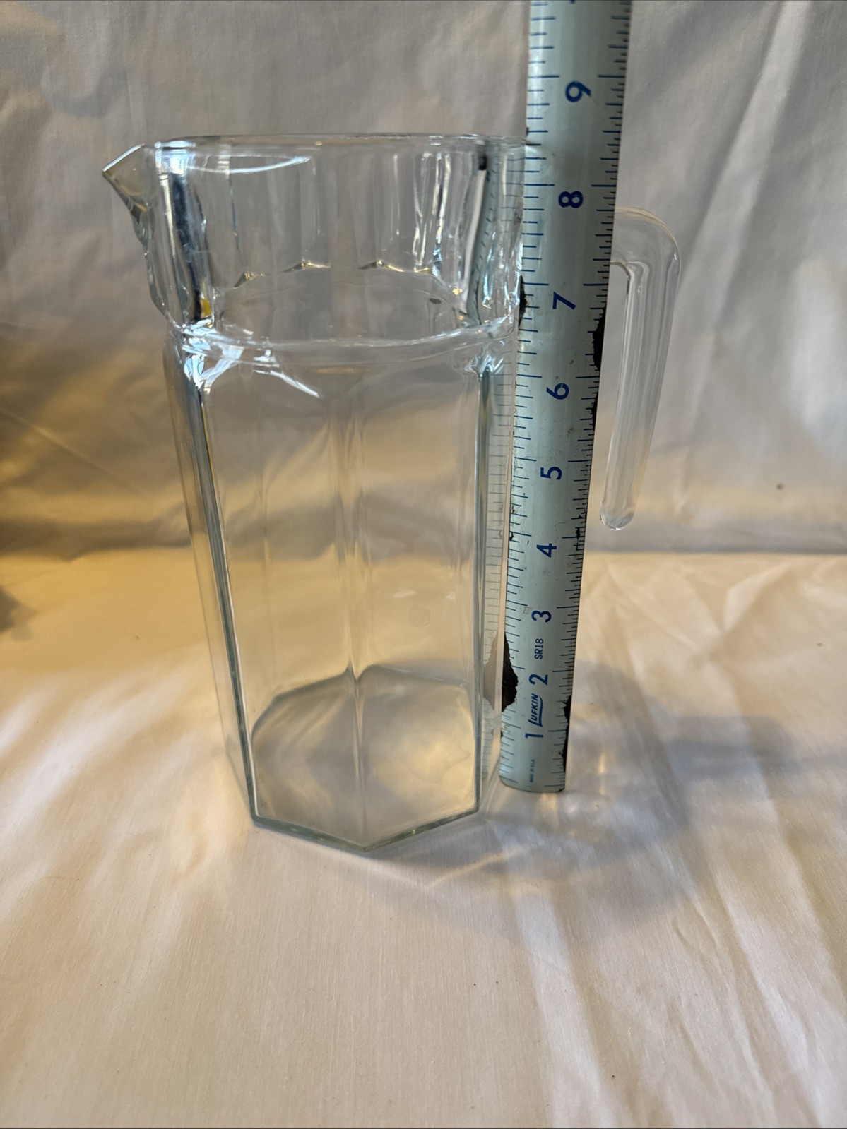 Vintage Pasabahce Turkey Clear Glass Pitcher with Green Lid 7 Sides 9″