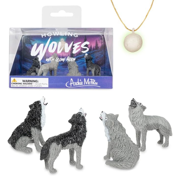 Archie McPhee Howling Wolves Playset with Glow Moon, Soft Vinyl Miniatures