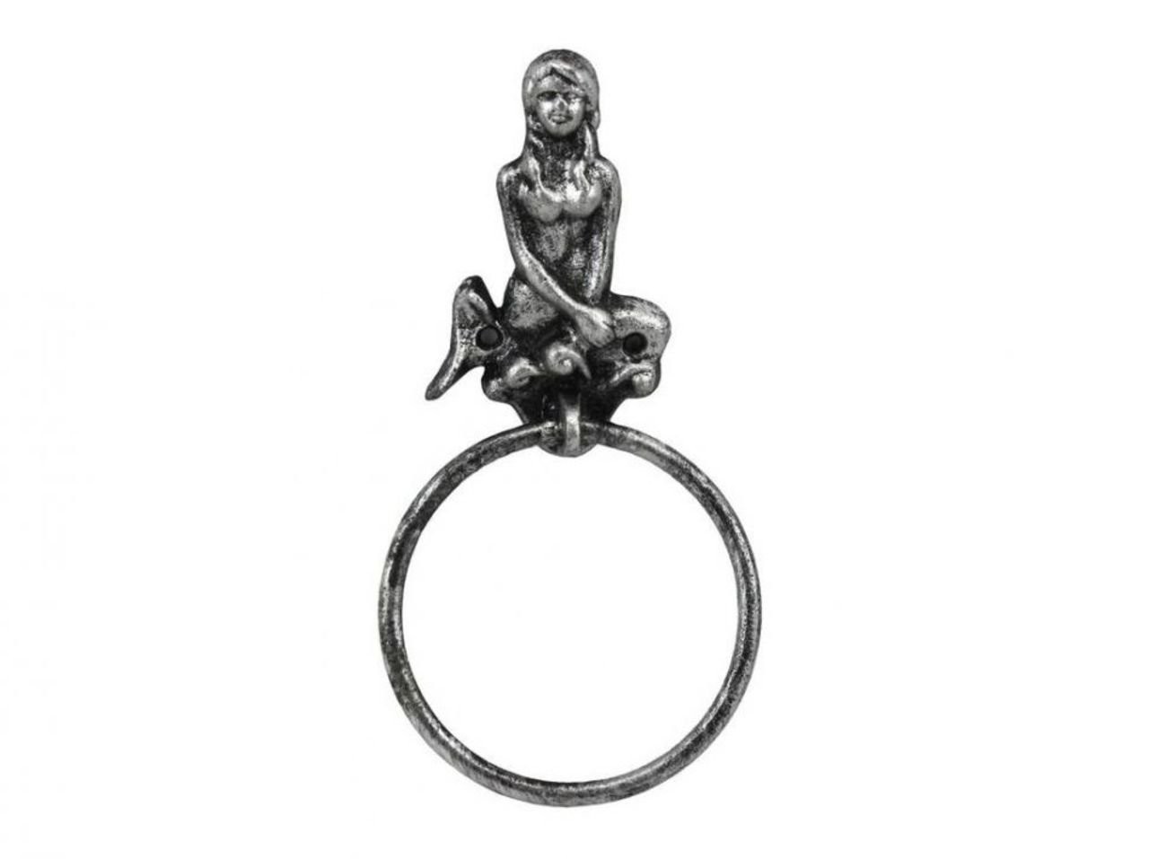 Antique Silver Cast Iron Mermaid Wall Towel Holder 8.5″ – Decorative Metal Art