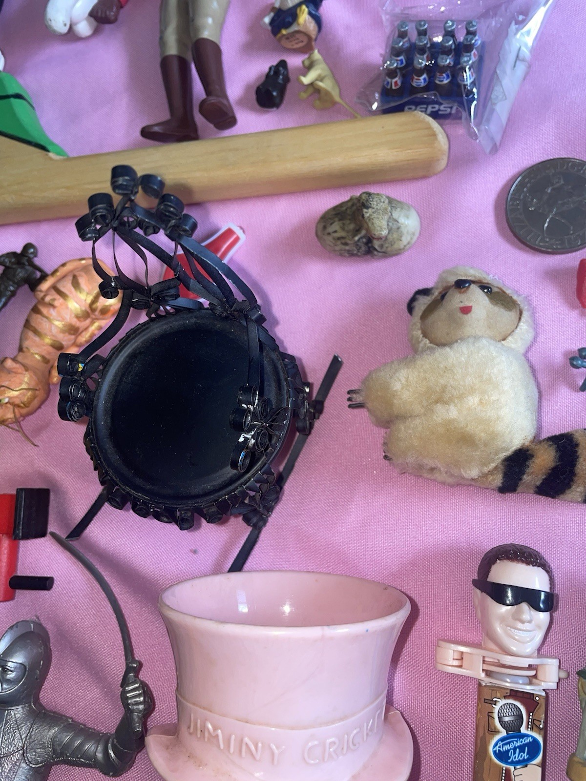 JUNK DRAWER TOY Lot Rocketeer Bendy Squirt Animal Tramp Art Jiminy Cricket Glass
