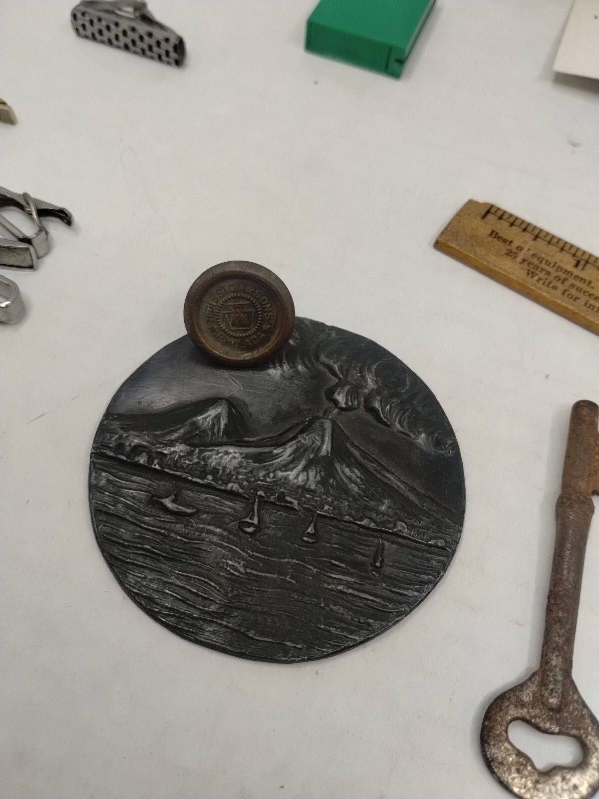 Vintage Junk Drawer Lot Advertising Rings Tokens Key Dog License Tie Clip #11