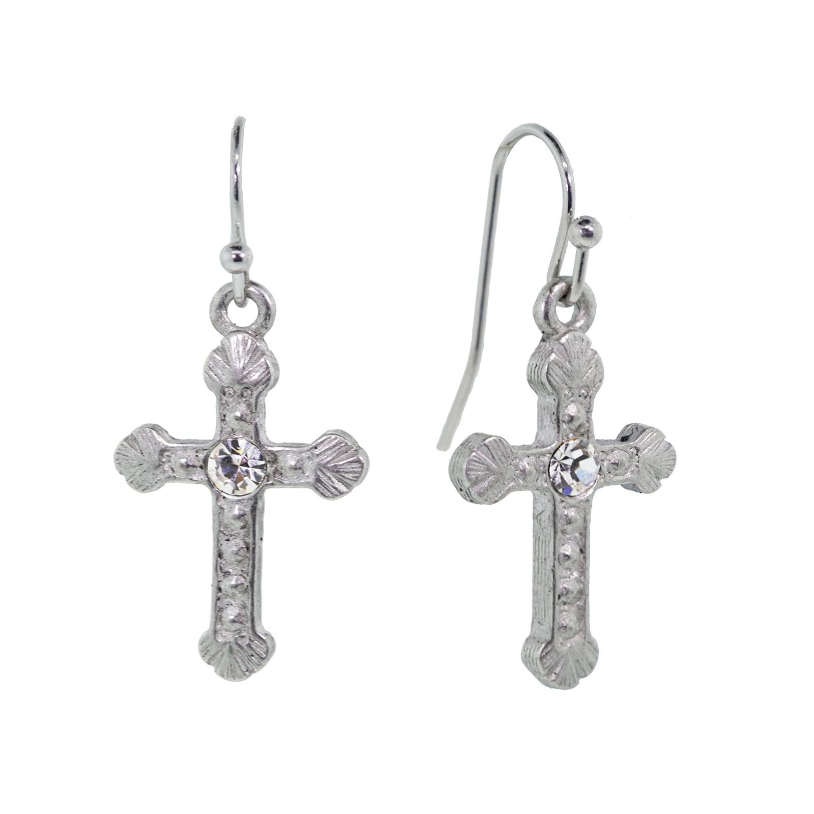 1928 Jewelry Women’s Crystal Accent Ornate Silver Tone Cross Drop Earrings