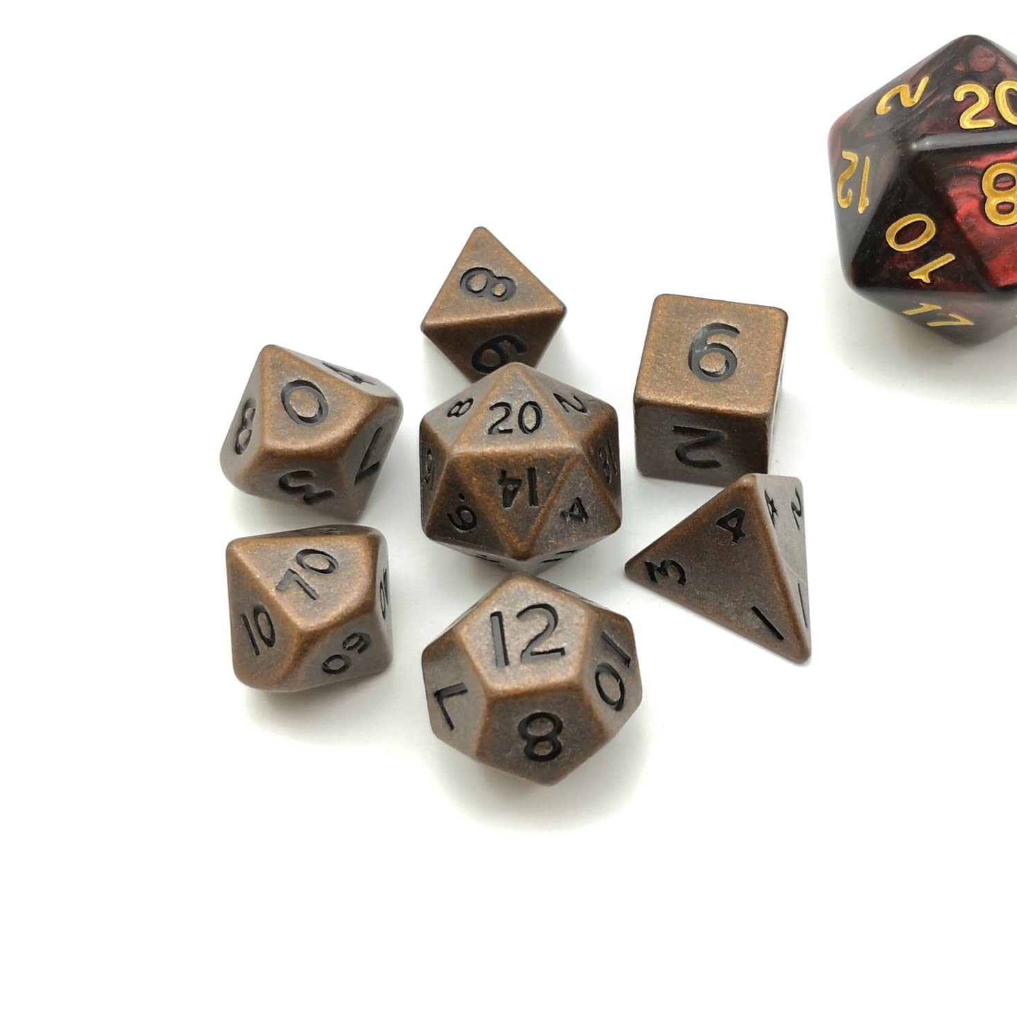 BESCON DICE Mini Solid Metal Antique Copper Plastic Black 10MM set of 7 Classic