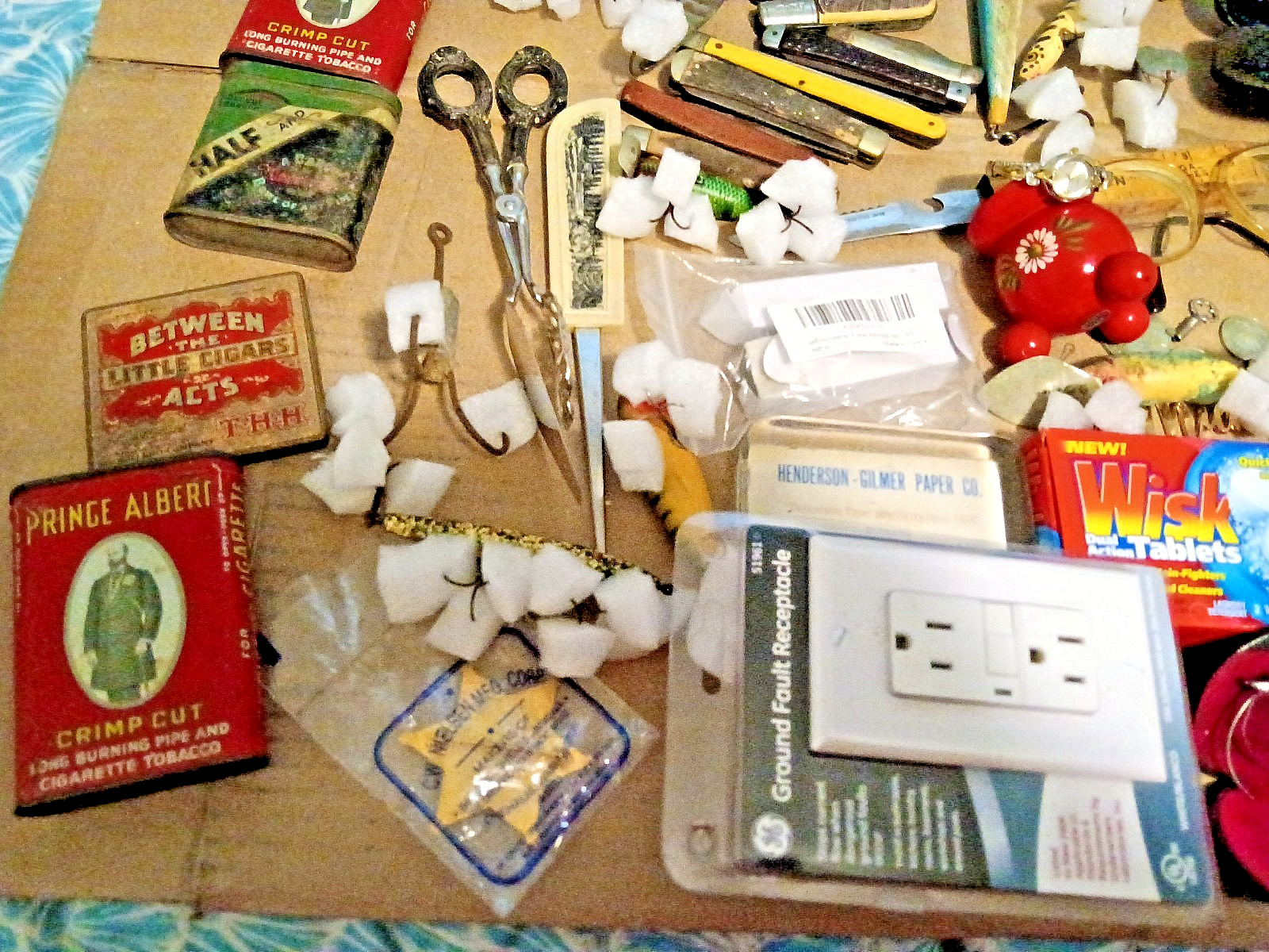 Junk Drawer Lot Vintage & Modern Lures Knives Tobacciana Ephemera Eyeglasses etc