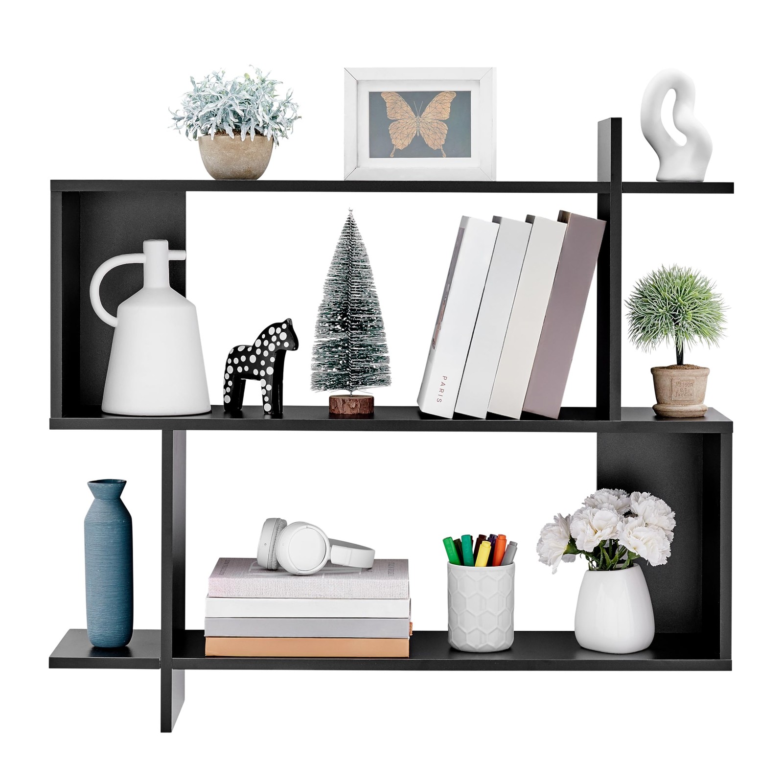 Danya B. Manasa Floating Geometric Kilter Two-Tier Wall Shelf – Black