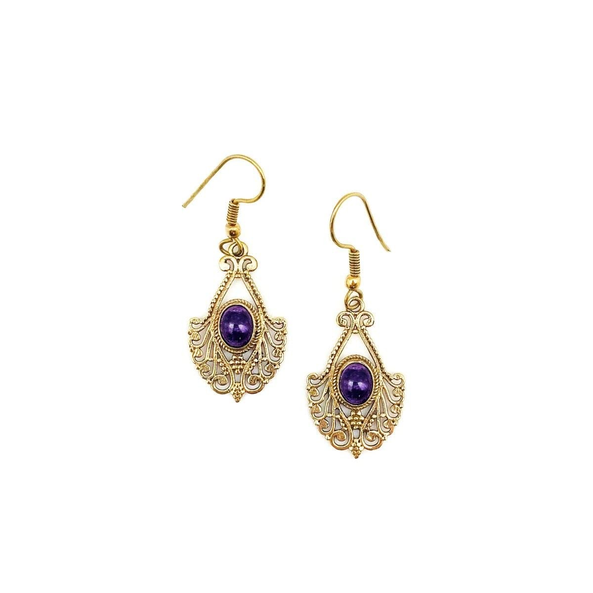 Anju Tanvi Earrings with Semiprecious Charoite Stone for Women, Gold-Plated