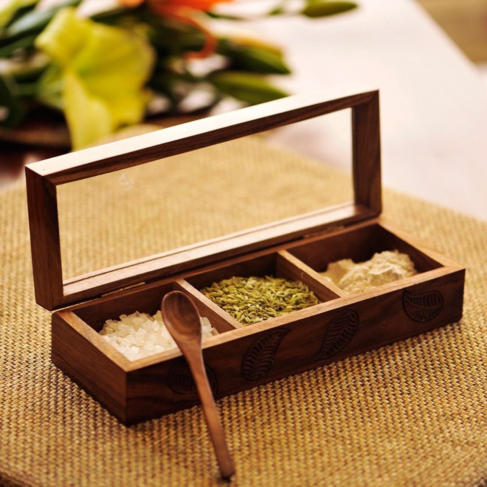 ExclusiveLane Sheesham Wood Spice Box Masala Dabba 3 Partition 9x3x2″