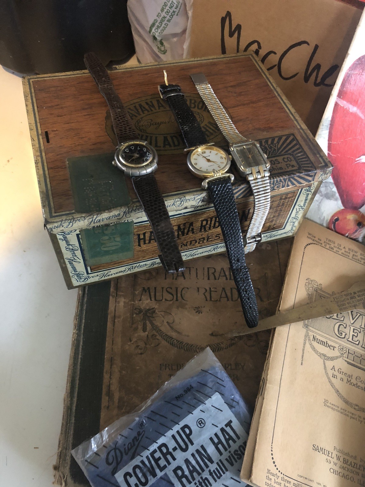 VTG ESTATE Junk drawer Cigar Box lot advertising watches 10 K RGB 1800s Clabber