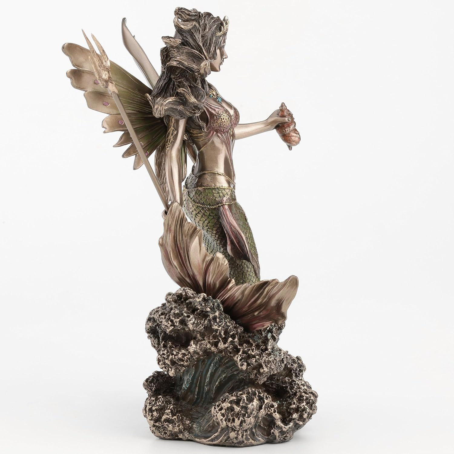 Queen Mermaid Fairy Sculpture with Trident – 9.1 Inch Bronze Finish Decor