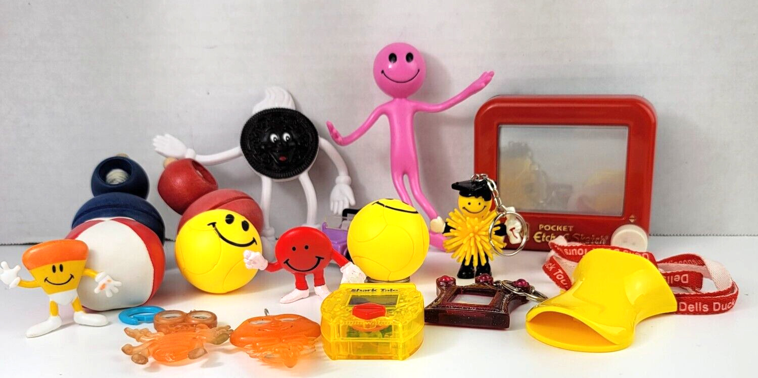 Y2K Toy Junk Drawer Lot Pocket Etch A Sketch Tops Oreo Bendy Man Key Chain AS IS