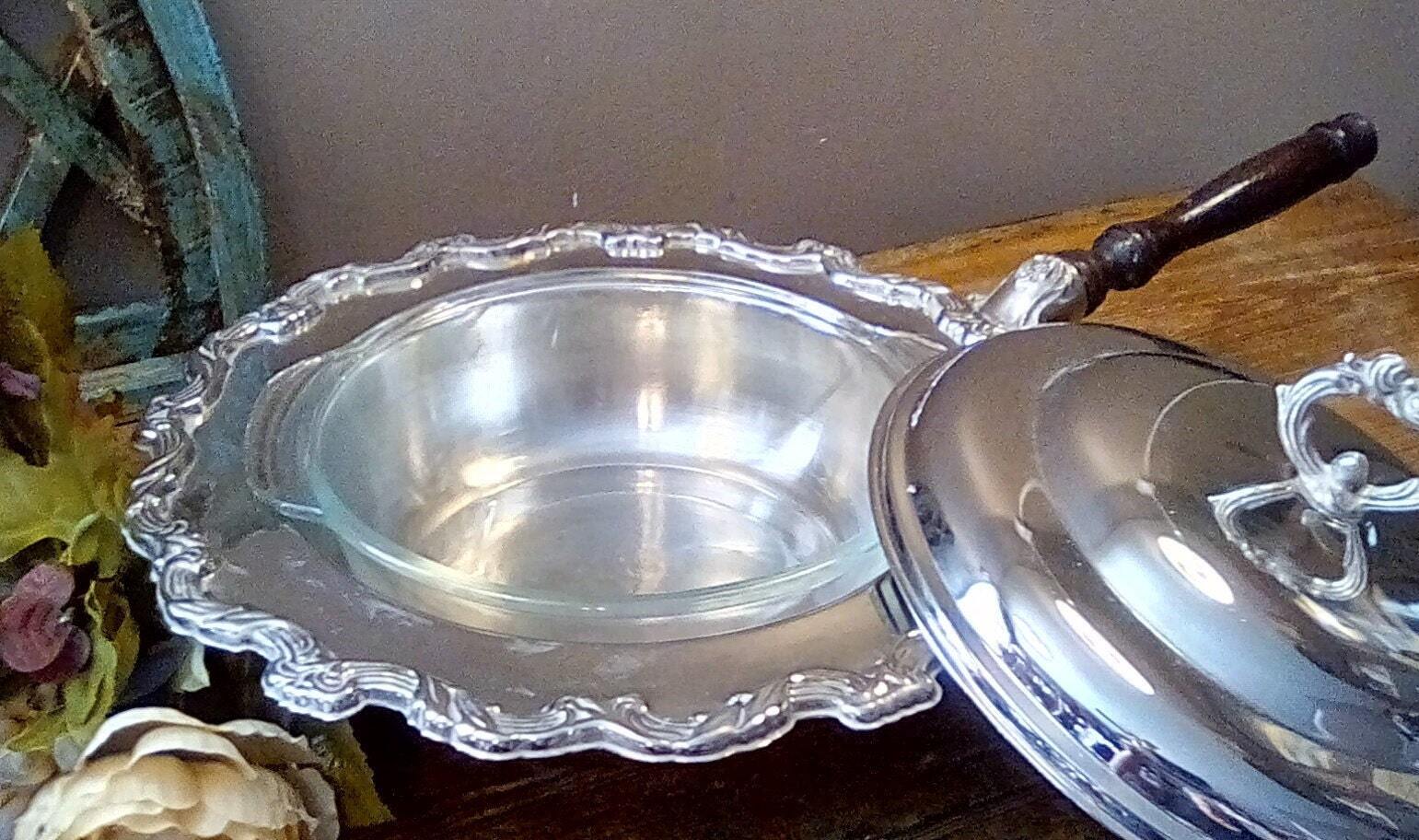Vintage Silver Plate Serving Dish with Lid and Glass Insert, Fire King 2 Quart