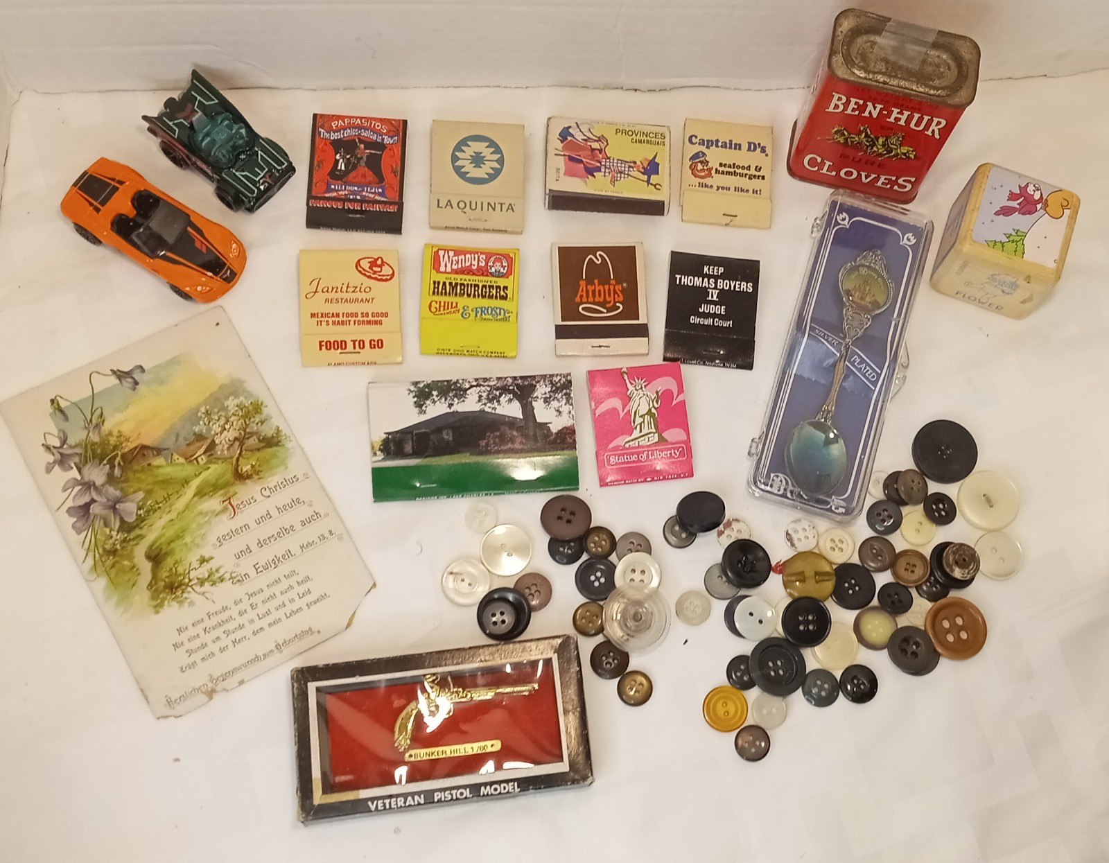 40+ Vintage Junk Drawer Lot Vintage Matches, 1914 German Card, Old Buttons Plus+