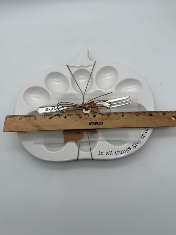 Mud Pie Pumpkin Shaped Deviled Egg Platter and Fork Set New