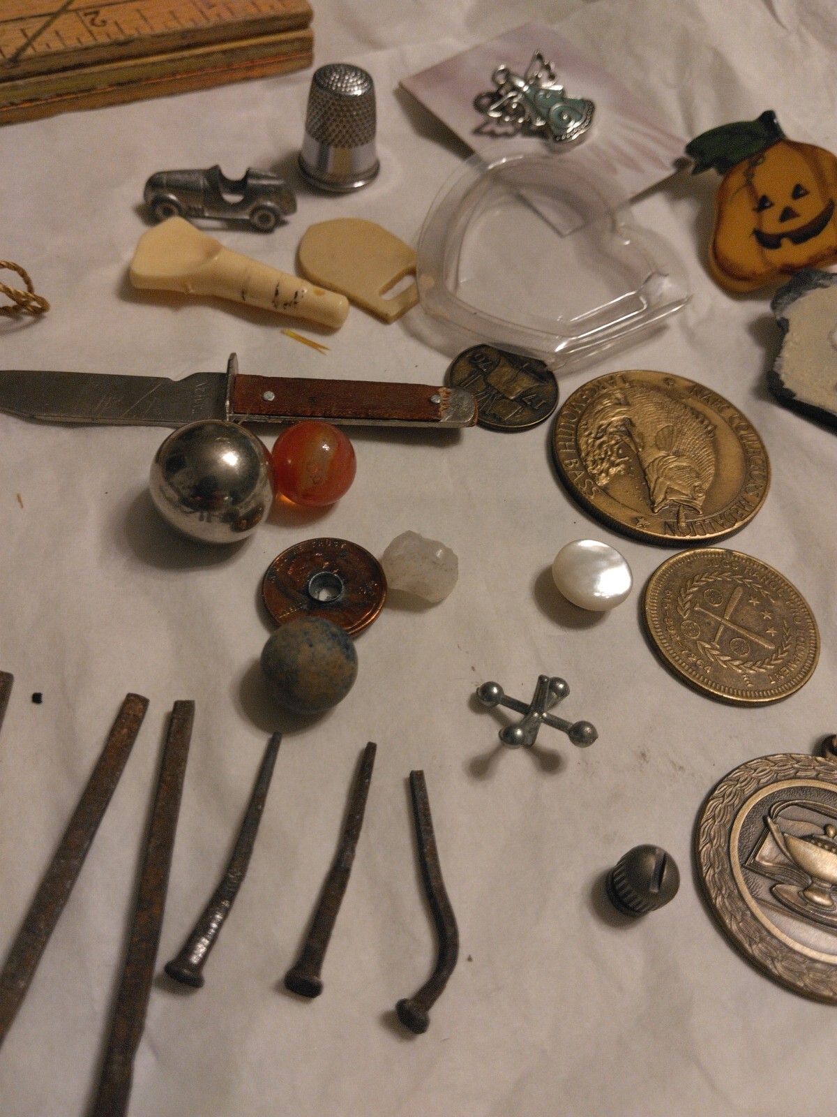 Vintage Junk Draw Mix Square Nails ,Knives,Tokens And More